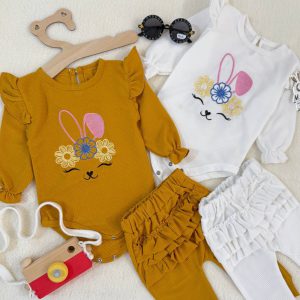 بادی شلوار دخترانه خرگوش وافلی 3 تا 18 ماه کد 11201